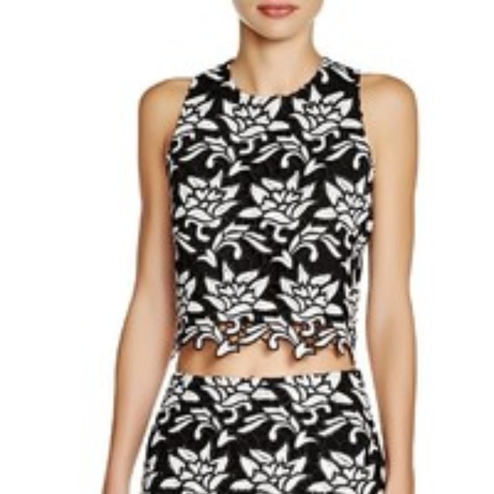 J.O.A. Floral Lace Crochet Crop Top Black & White Small Romantic Feminine